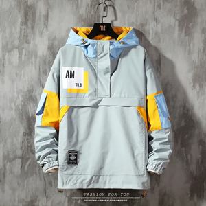 남성 자켓 까마귀 패션 streetwear 색상 대비 패치 워크 후드 자켓 방수 윈드 브레이커 지퍼 업 코트 남성 아웃웨어