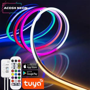 WISCOLOR 음성 제어를 지원하는 방수 실리콘 음악 동기화 24V Tuya Wi-Fi LED 네온 스트립 조명 실내 실외 장식 조명용 Aleax / Google 홈 / 스마트 라이프