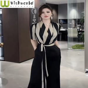 가벼운 유럽과 미국의 기질 2024 여름 여신 스타일 스트라이프 하이 웨이스트 디자인 느낌 점프 슈트 세련된