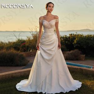 RODDRSYA 오프 숄더 새틴 웨딩 드레스, 연인 레이스 아플리케, A 라인 우아한 신부 가운, 드 노비아, 시민 스트랩리스 새틴 웨딩 드레스  스윗하트 레이스 아플리케 A라인 우아한 브라이덜 가운