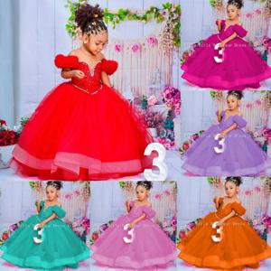 붉은 꽃의 소녀 드레스 깎아 지른 목 Pleated Ruffles 계층화 된 Tulle 볼 가운 웨딩 키즈 생일 드레스 첫 성찬식