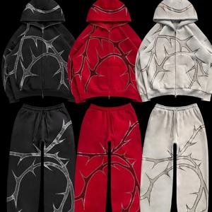 힙합 라인 석 인쇄 후드 바지 정장 남성 여성 streetwear 패션 y2k 지퍼 까마귀 자켓 고딕 가을 느슨한 운동복