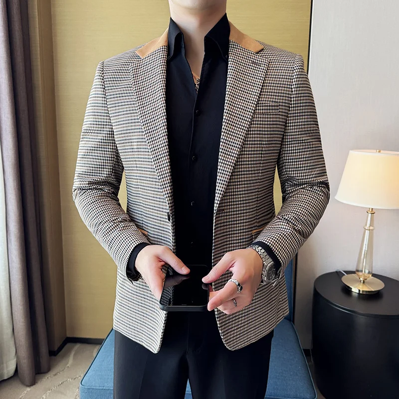 럭셔리하고 세련된 남성 정장 재킷 블레이저 비즈니스 슬림 피트 옷깃 격자 무늬 드레스 정장 웨딩 신랑 연미복 정장 Jacket4XL-M