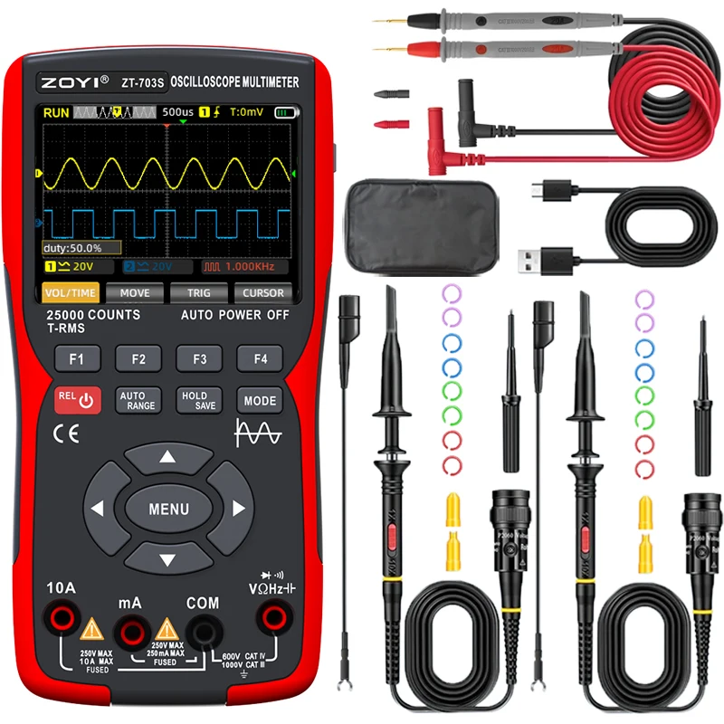 ZT-703S 3 in 1 휴대용 오실로스코프 자동차 듀얼 채널 50MHz(디지털 멀티미터 및 신호 발생기 테스터 포함)