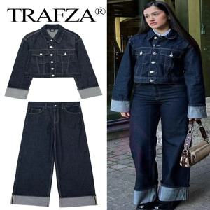 TRAFZA 여성 빈티지 데님 자켓 바지 세트 싱글 브레스트 옷깃 긴 소매 코트 와이드 레그 바지 청바지 하이 스트리트 의상