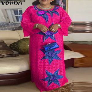 VONDA 플러스 사이즈 보헤미안 프린트 롱 드레스 여성 빈티지 긴 플레어 슬리브 Maxi Vestidos 캐주얼 루즈 Kaftan Sundress Robe 5XL