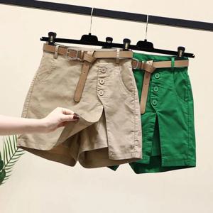 단추 장식 가짜 투피스 반바지, 옆트임 하이웨이스트 반바지, 무릎 위 길이 포켓, 스트레이트 레그, 여성 여름 반바지