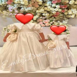 맞춤형 신부 들러리 아이보리 새틴 플라워 걸 원피스, 반팔, 푹신한 어린이 생일 첫 성찬식 무도회 가운
