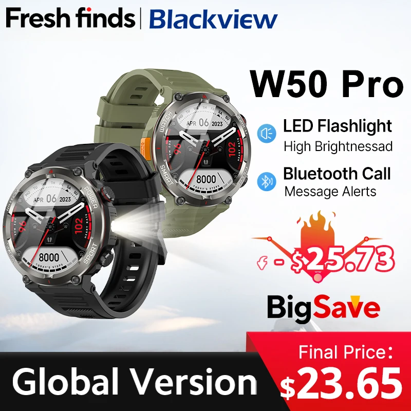 [세계 최초 공개] Blackview W50 Pro 스마트워치 1.45인치 HD 디스플레이 손전등 블루투스 전화 통화 960mAh 배터리 견고한 스마트워치