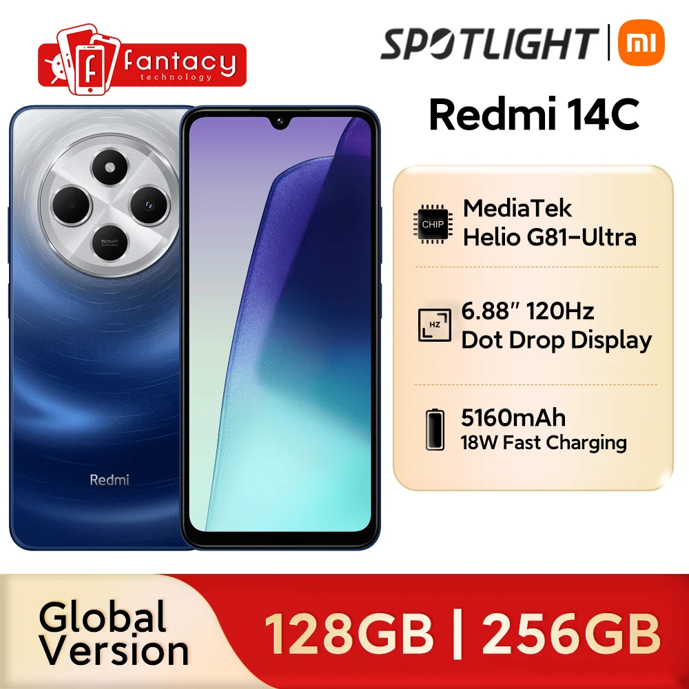 글로벌 버전 샤오미 레드미 14C 스마트폰, 침수 6.88 인치, 120Hz 디스플레이, 50MP AI 듀얼 카메라, 5160mAh 대용량 배터리
