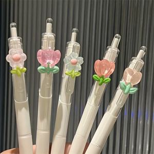 3Pcs 꽃 젤 잉크 롤러 볼 펜 중간 포인트 0.5mm 빠른 건조 플라스틱 펜 튤립 디자인 개폐식 쓰기 펜 장식
