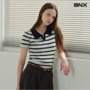 정상가:59,000원 ㅣ 카라넥 배색 스트라이프 반팔 니트 (BX2KP005L0)