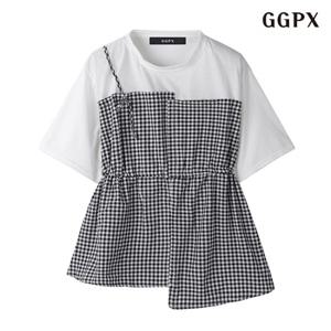 정상가:59,000원 | 체크 배색 허리 스트링 프릴 반팔 티셔츠 (GOBLW001D)