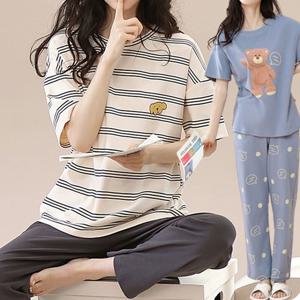 라운드반팔+긴바지 귀여운 동물무늬 파자마 상하세트 여름 간절기 잠옷 5컬러