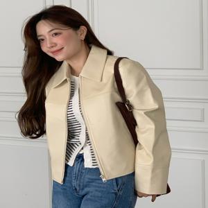 [앳코너] [[24SS]] AEJU4A4L1CR 페이크 레더 크롭 싱글 자켓 크림