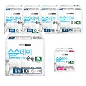 순면코튼 순수데이  중형 10매x5팩+증정 롱라이너 20매x1팩 생리대 순면 저자극 안전한 라이너 날개형