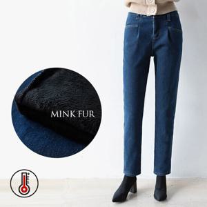 [헤이올리] 데님스판밍크퍼본딩 사선라인테이퍼드핏팬츠 PH1101