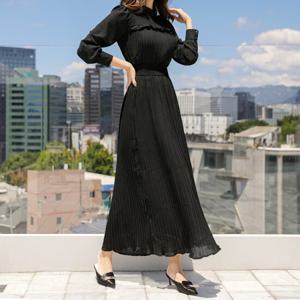 [스타일온미] 잔플리츠 프릴 스모킹 쉬폰 롱 원피스