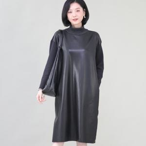 애비뉴투지 엄마옷 레자 인조 가죽 반목 겨울 롱 원피스 K12330