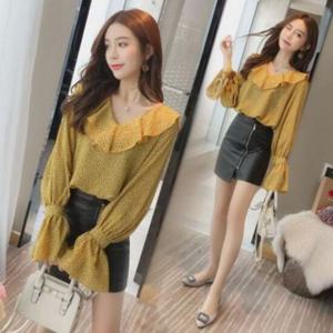 봄신상블라우스 F11782 봄신상 프릴 도트 무늬 공주풍 V넥 블라