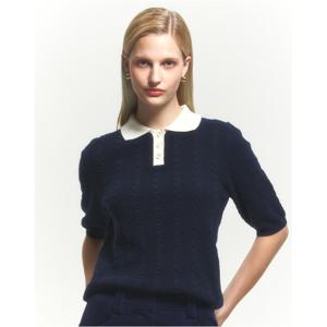 헤지스 여성 24FW 역시즌세일베이비케이블 배색카라 반팔 스웨터 네이비 HSSW4CC74N2