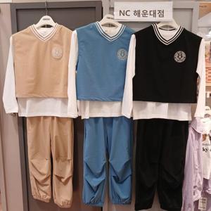 [오후]티셔츠+조끼+바지~스판~그래픽 3PCS 우븐상하세트 OHSM24802
