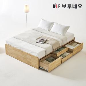 [착불] 보루네오 네이블Po 무헤드 4서랍 고무나무 원목 침대 수납 프레임 Q