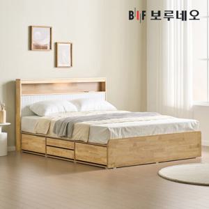 [착불] 보루네오 베뉴Po 4서랍 원목 침대 템바보드 호텔 LED 수납 프레임 Q