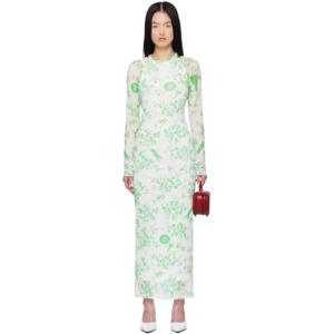 25 SS 모스키노 여성 그린   화이트 플로럴 프린트 메시 맥시 드레스 251132F055000