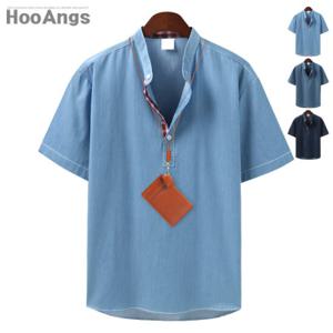 [후앙스] 오버핏 체크포인트 해지데님 헨리넥 반팔셔츠 SMST0747