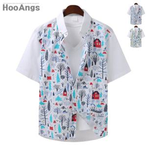 [후앙스] 오버핏 아이슬란드 프린팅 하와이언 반팔셔츠 SMST6647