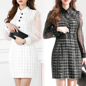 트위드 시스루 소매퍼프 벌룬 블링 미니원피스_OPS2221