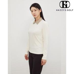 [헤지스골프] (HWTS4C921CR) 크림 여성 카라 배색 긴팔 골지 티셔츠