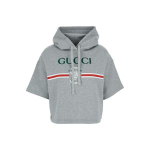 GUCCI 후드와 앞면에 레터링 로고가 인쇄된 코튼 여성용 그레이 크롭 스웨트셔츠 815988XJG5F1056