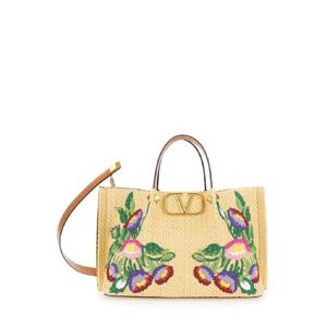 VALENTINO GARAVANI Beige Handbag with Metallic VLogo on the Front and Floral Embroidery in Raffia Woman 6W2B0R44EVBR9F