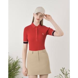 헤지스골프  (HWSW5B301R3) 레드 여성 라인배색 반팔 카라 니트