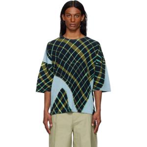 25 SS Homme Plisse Issey Miyake 남성 블루   그린 윈드스웹트 플래드 티셔츠 251729M213006