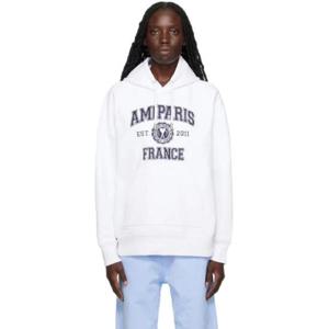 AMI Paris 후드 화이트 아미 드 꾀흐 파리 후디 231482F097023