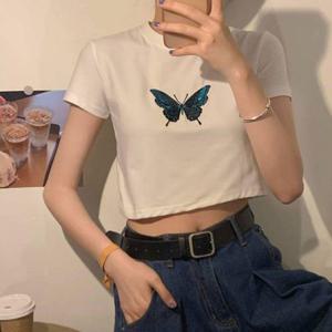 데일리템 여성 나비 프린팅 여름 반팔 크롭 패션 티셔츠 배꼽티