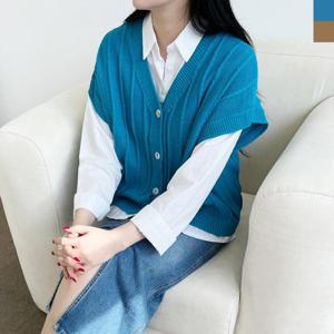 [옷자락] 여자 박시 드롭숄더 브이넥 꽈배기 골지 봄 니트조끼