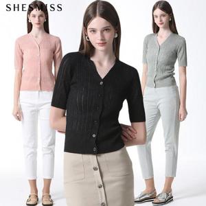 [쉬즈미스][쉬즈미스(SHESMISS)] 브이넥 골지 펄 반팔 가디건 (택가격 128000원)