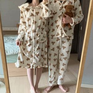 커플 빅카라 프릴 모모 테디베어 겨울 극세사 수면 잠옷 남성용 상하 세트