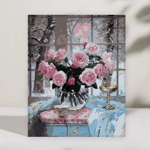DIY 명화/ 유화그리기 세트 테이블 위 장미꽃 물감 두배 10종붓세트 (40X50)