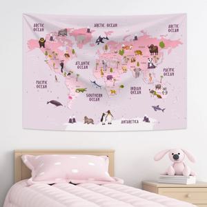 모던 빈티지 세계지도 일러스트  패브릭 포스터 천 가리개 커튼_키즈핑크