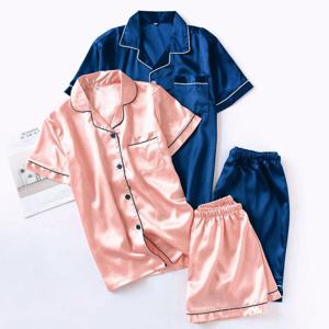 커플 잠옷 심플 무지 실크 반팔 파자마 세트 3color