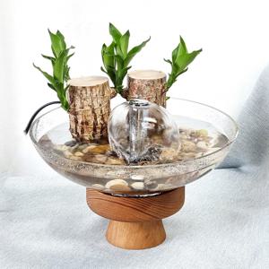 원형 유리 수반과 미송 오목트레이 우산 분수 세트