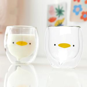 홈카페 내열 이중 유리 동물컵 2P세트_오리 Duck