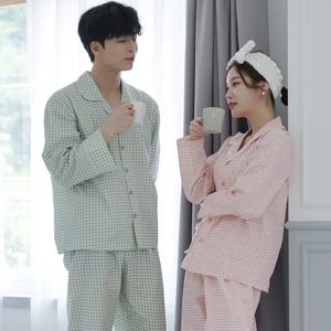 커플세트 남+여 면잠옷 고방체크 긴팔 파자마 홈웨어 상하세트