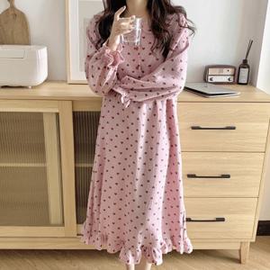 러블리 하트 프릴 사계절 긴팔 파자마 롱 원피스 3color