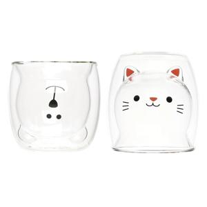 홈카페 내열 이중 유리 동물컵 2P세트_곰돌이+고양이(happy cat)